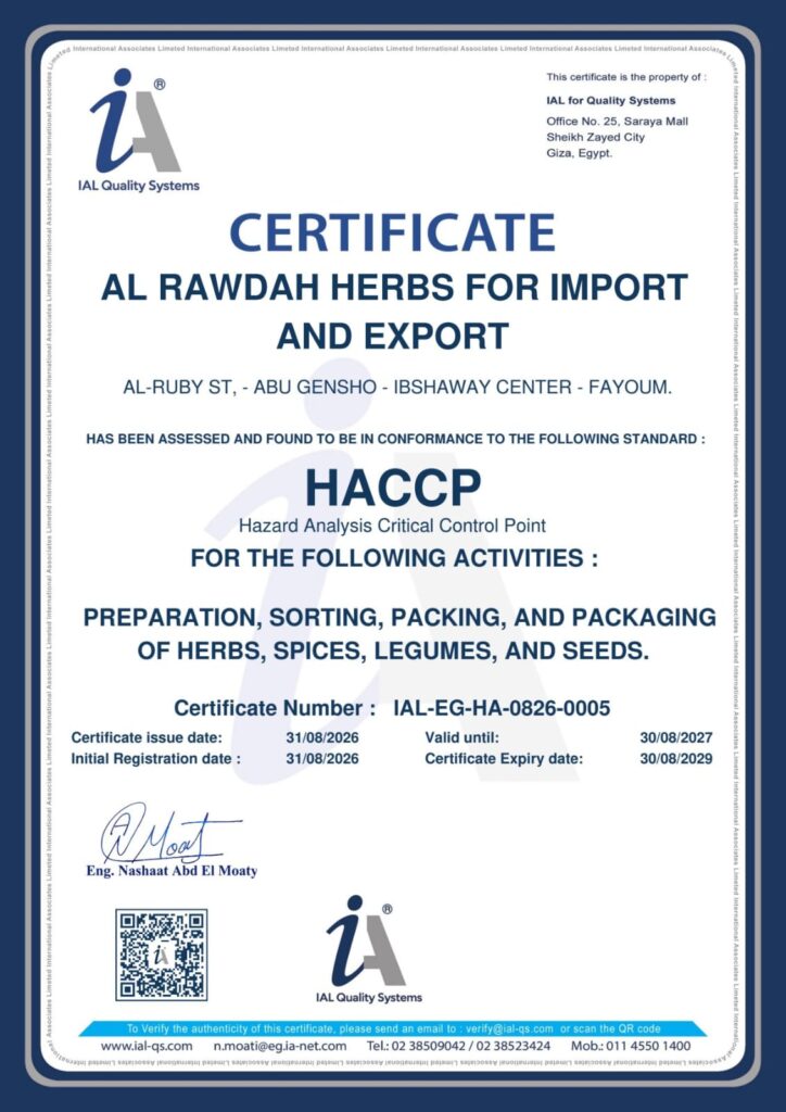 HACCP Hazard Analysis Critical Control Point certificate for Al Rawdah Herbs