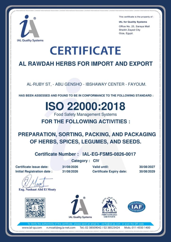 ISO 22000:2018 Food Safety Management certificate for Al Rawdah Herbs